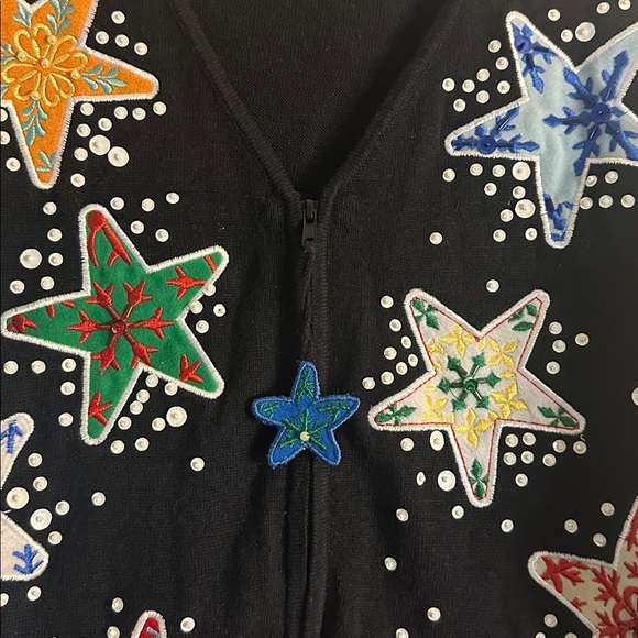 Carly St. Claire Embellished Holiday Cardigan Sweater XL Black Stars Sequins - Picture 5 of 8